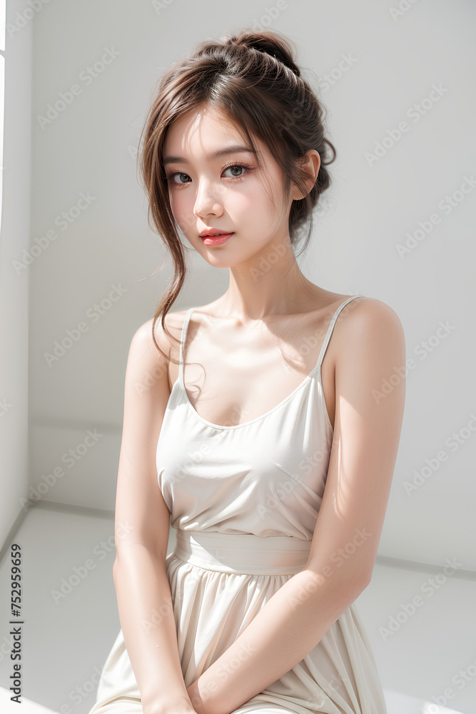 Gorgeous Young Female Model - Fashion or Cosmetics Model - Beauty with Perfect Fine Features - Beautiful Smooth Hair - White Dress Gorgeous Young Female Model - Fashion or Cosmetics Model - Beauty with Perfect Fine Features - Beautiful Smooth Hair - White Dress