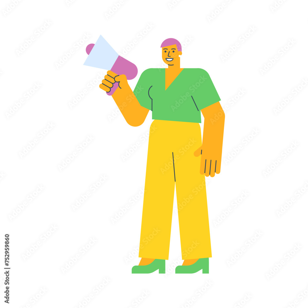 Young woman holding megaphone and smiling