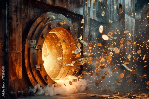 Exploding bank vault with money flying out
