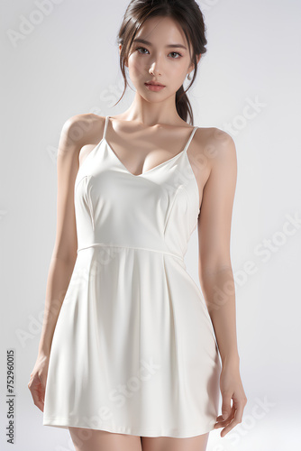Gorgeous Young Female Model - Fashion or Cosmetics Model - Beauty with Perfect Fine Features - Beautiful Smooth Hair - White Dress © Eggy