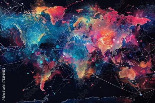 The interconnectedness of the world through the internet, with colorful lines and dots. photo