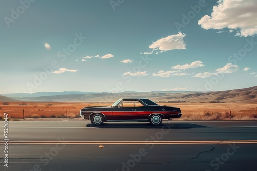 Classic car parked on a desert road with mountains in the distance at dusk.