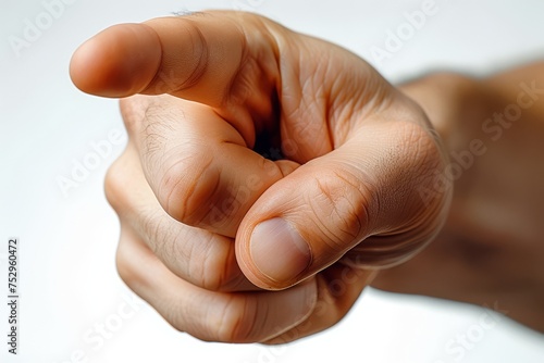 Close-up of a human hand pointing towards the viewer.