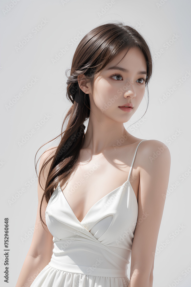 Gorgeous Young Female Model - Fashion or Cosmetics Model - Beauty with Perfect Fine Features - Beautiful Smooth Hair - White Dress Gorgeous Young Female Model - Fashion or Cosmetics Model - Beauty with Perfect Fine Features - Beautiful Smooth Hair - White Dress