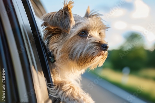 Adorable Yorkshire terrier enjoying a car ride with a cute look on its face.