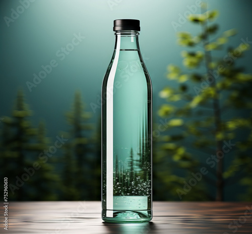 Glass bottle with transparent liquid decorated with flowering branches Concept: mockup or template, natural cosmetics, organic products, spring themes and spa services.