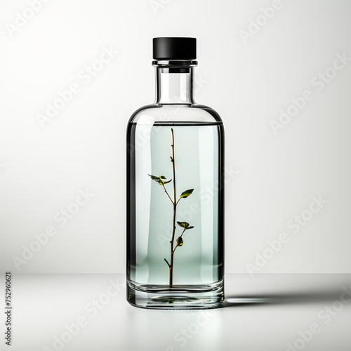 
Transparent glass bottle with cap on a neutral background.
Concept:
beverage and water advertising, packaging design, luxury alcohol presentations or organic product marketing