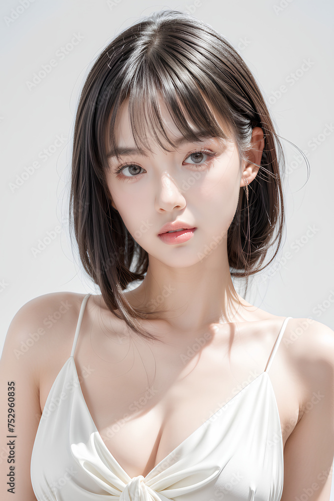 Gorgeous Young Female Model - Fashion or Cosmetics Model - Beauty with Perfect Fine Features - Beautiful Smooth Hair - White Dress Gorgeous Young Female Model - Fashion or Cosmetics Model - Beauty with Perfect Fine Features - Beautiful Smooth Hair - White Dress