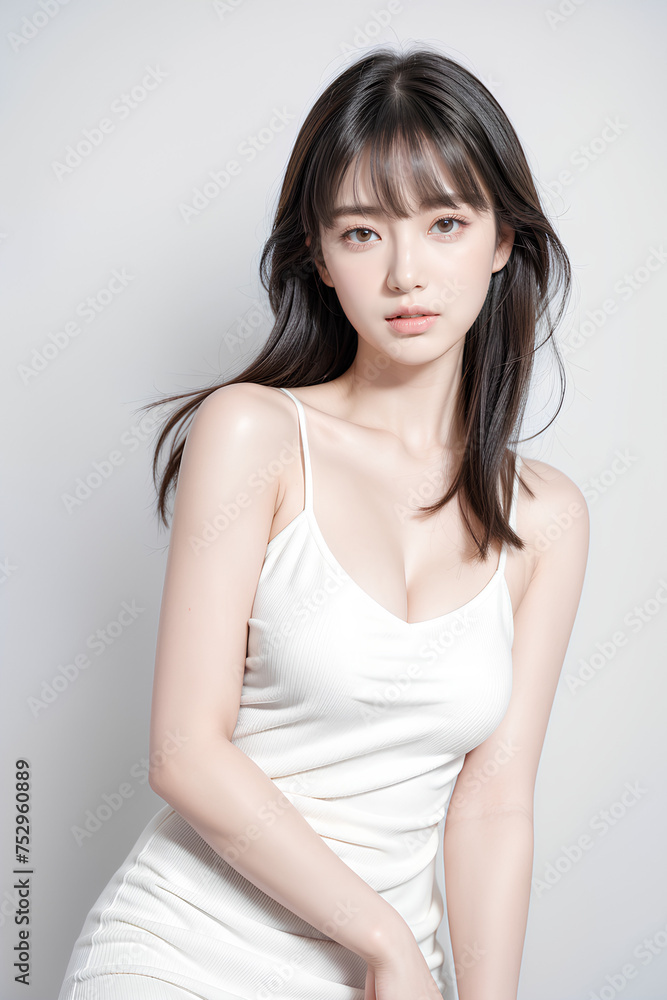 Gorgeous Young Female Model - Fashion or Cosmetics Model - Beauty with Perfect Fine Features - Beautiful Smooth Hair - White Dress Gorgeous Young Female Model - Fashion or Cosmetics Model - Beauty with Perfect Fine Features - Beautiful Smooth Hair - White Dress