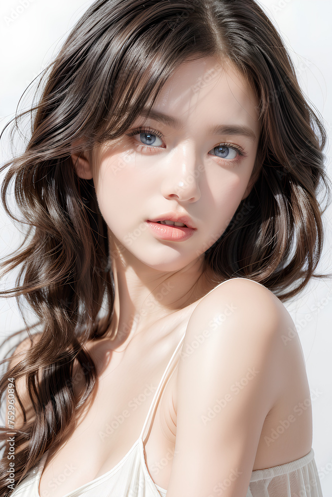 Naklejka premium Gorgeous Young Female Model - Fashion or Cosmetics Model - Beauty with Perfect Fine Features - Beautiful Smooth Hair - White Dress