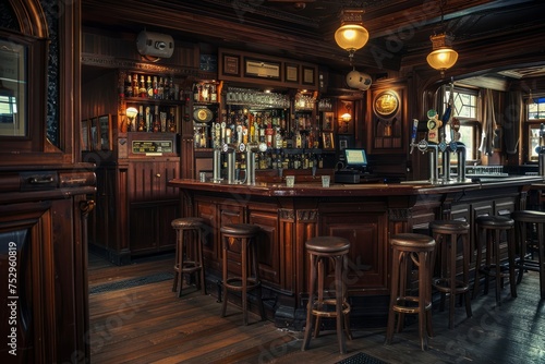 Classic bar interior with dark wood and ambient lighting