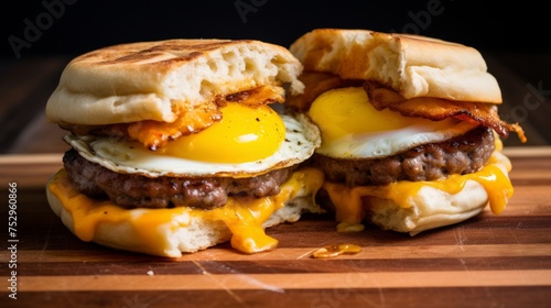 Cheesy sausage breakfast sandwiches with egg, made at home, mc muffin cut