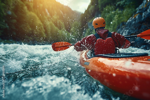 Thrilling kayaking adventure in turbulent river waters, depicting an adrenaline-fueled journey. © GreenMOM
