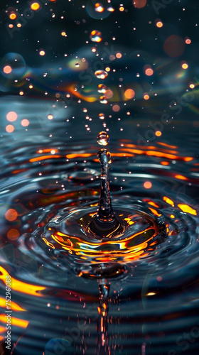 Dynamic water droplet with vibrant reflections, capturing the essence of motion and light.