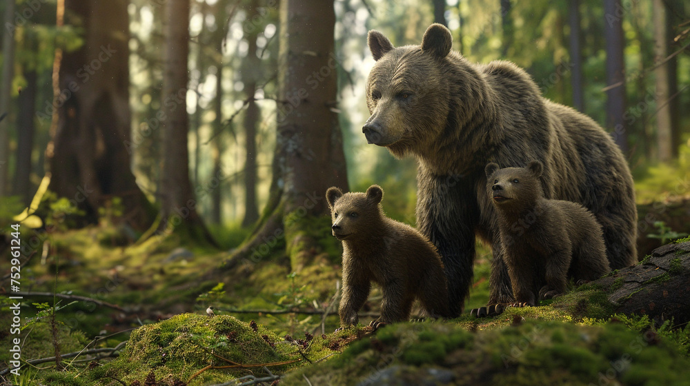 A mother bear and her cubs exploring a mossy glade in a dense coniferous forest, the air filled with the scent of pine. A mother bear and her cubs exploring a mossy glade in a dense coniferous forest, the air filled with the scent of pine.