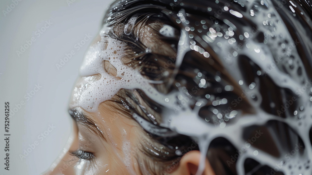 A woman is washing her hair and taking a shower. AI Generative.