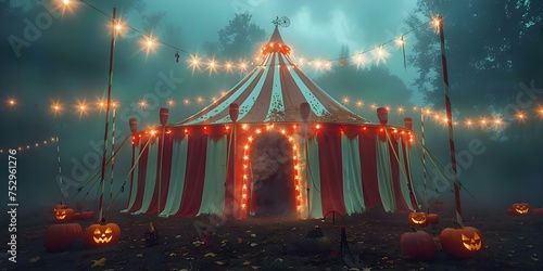 Eerie Halloween Circus Tent with Spooky Decor and Atmosphere: Image Concept. Concept Halloween Photoshoot, Circus Tent Theme, Spooky Decor, Eerie Atmosphere, Creative Costumes