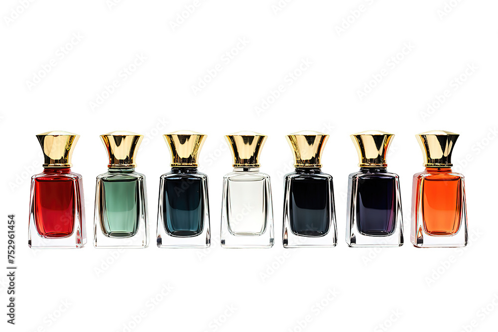 Hand drawn stylized watercolor set of different women perfume bottles isolated on a Transparent background. Generative AI Hand drawn stylized watercolor set of different women perfume bottles isolated on a Transparent background. Generative AI
