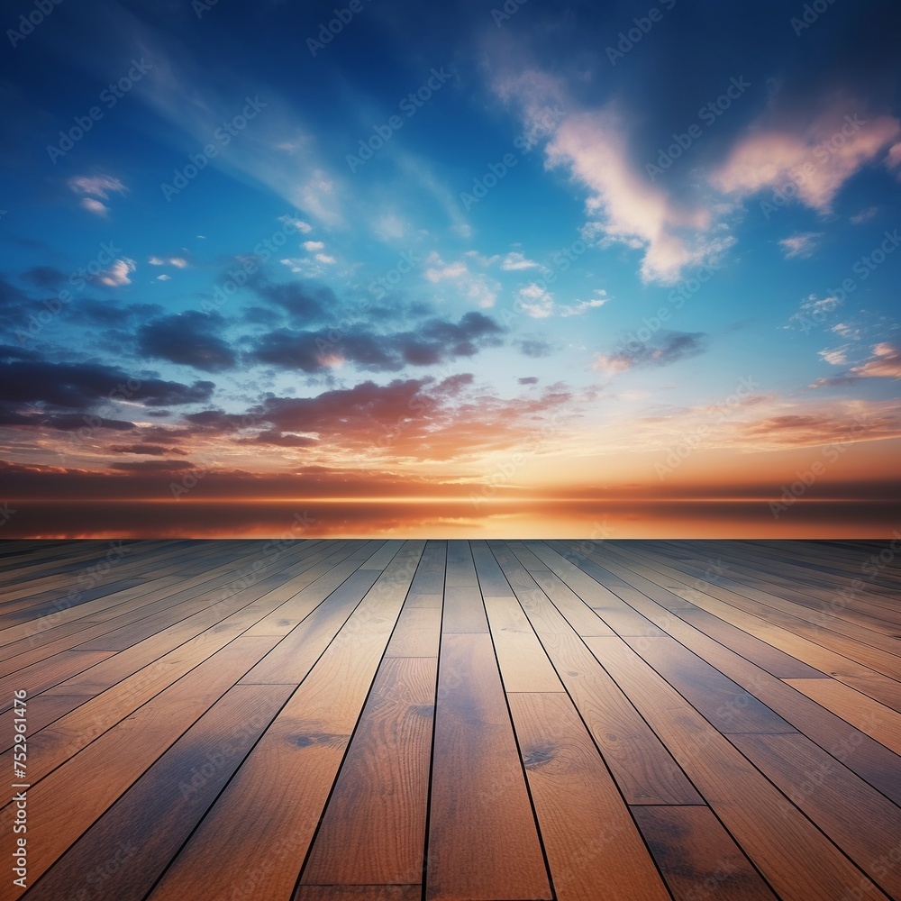 A tranquil evening sky backdrop reflecting on a polished wood floor