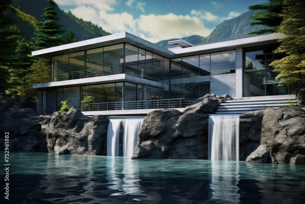 The concept of a modern high-tech house built into a rock under a waterfall.