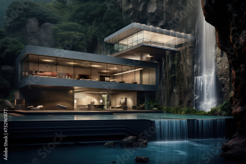 The concept of a modern high-tech house built into a rock under a waterfall.