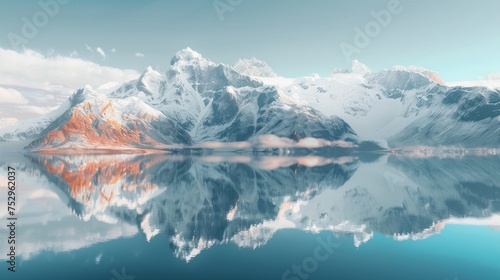A majestic winter landscape with a frozen lake nestled amidst snow-capped peaks in the Swiss Alps