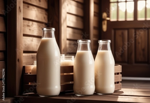 Bottles of milk and wooden interior
