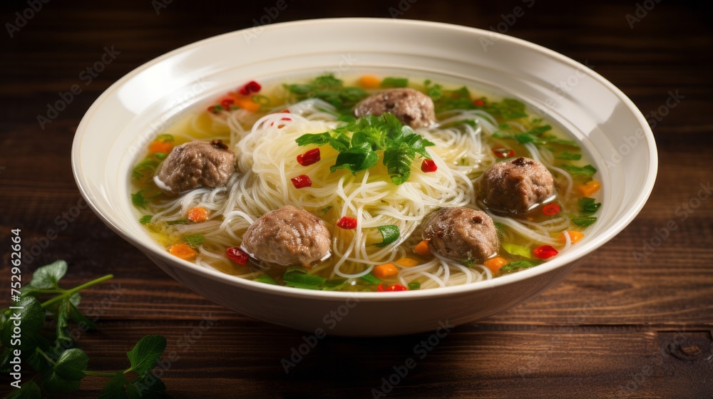 Soup made with vermicelli, vegetables, and meatballs Soup made with vermicelli, vegetables, and meatballs