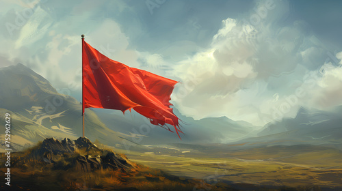 Flag in the mountains, Swiss flag in the swiss mountains, Red flag in front of mountain landscape, Ai generated image  photo