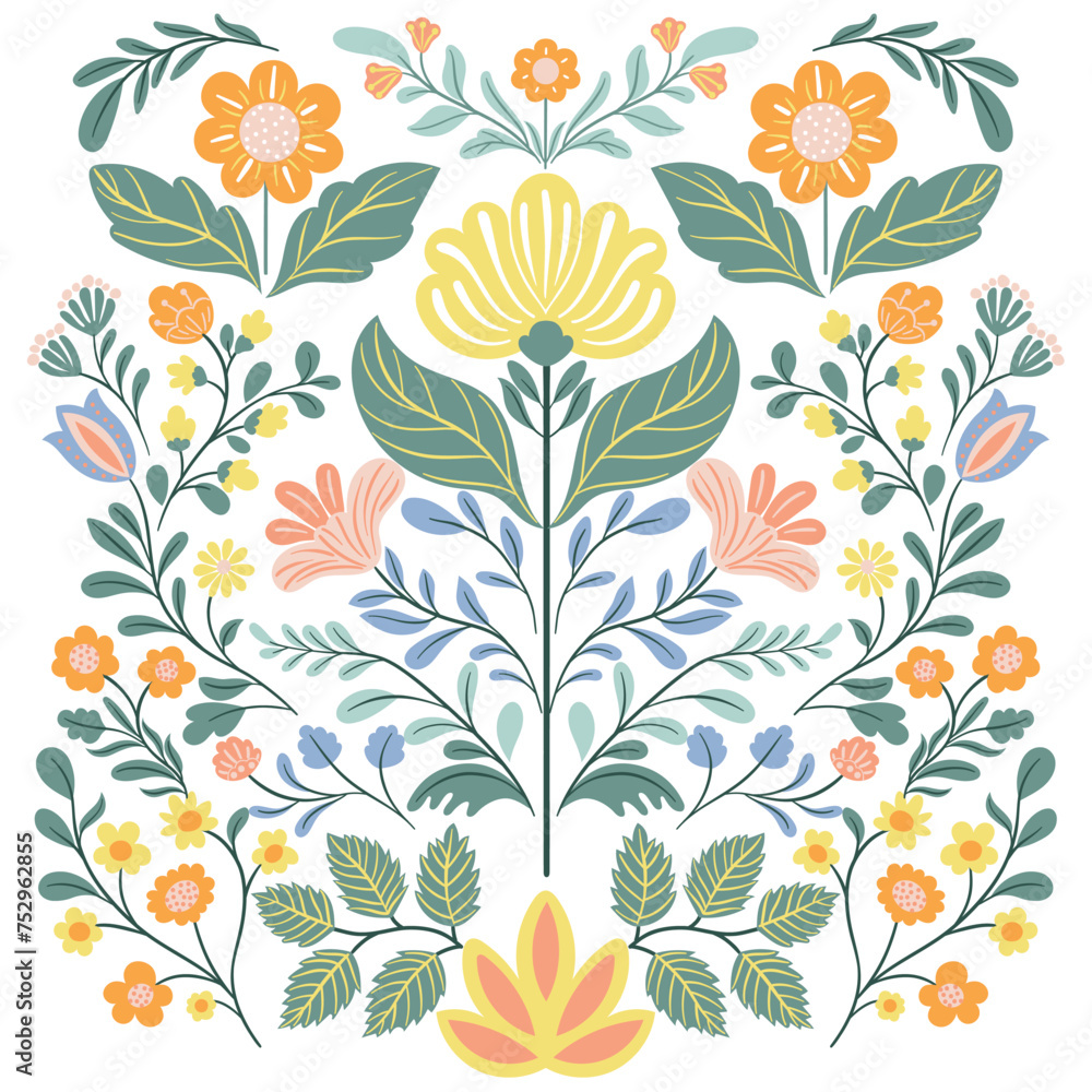Postcard or poster made from folk art elements. Folk flora and fauna vector illustration isolated on white background. Hand drawn folk flowers. Scandinavian traditional motif
