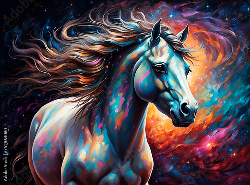 Illustration of white horse on colorful deep space backdrop.