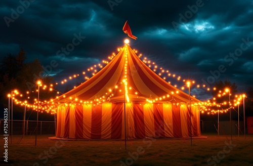 A circus tent is lit up with lights and a red and white striped canopy