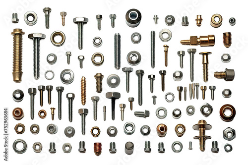 Isolated bolt, screw, nut and washer, spring, gear or cogwheel with bearings. isolated on a Transparent background. Generative AI