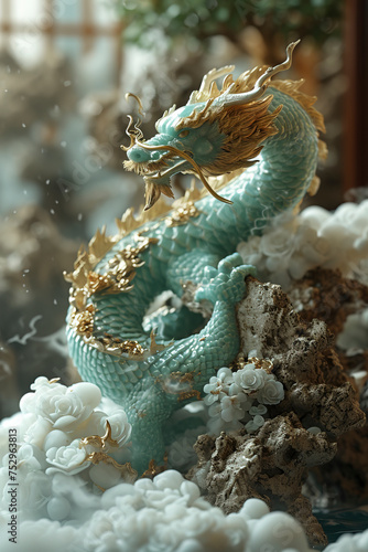 Miniature Landscape: The Golden Dragon in Jade Sculpture, ZBrush 3D Rendering in Green and Gold Style with Anime Aesthetics and Furry Art, created with Generative AI technology photo