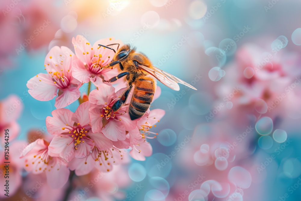 a bee pollinates a cherry flower, close up - obrazy, fototapety, plakaty 