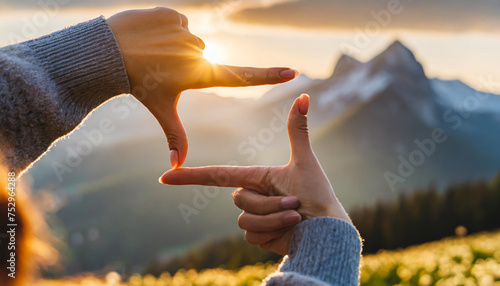 Close up of woman hands making frame gesture with sunrise on moutain  Female capturing the sunrise  Future planning  sunlight outdoor.