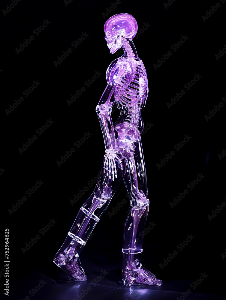 Neon Violet Cyborg: The Transparent Glass Woman with a Visible Skeleton Inside, created with Generative AI technology