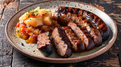Grilled Black Pudding and Sausage with Apple Chutney photo