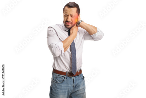 White collar worker in pain holding his stiff inflamed neck