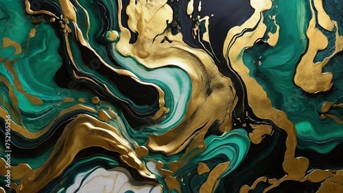 Background green gold abstract texture marble pattern liquid ink. Dark background, green gold, luxury stone, wallpaper, golden watercolor, foil, agate, black, art design, emerald color, liquid water, 