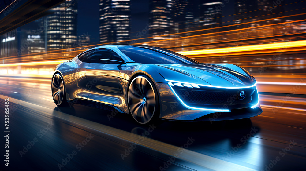 Neon Drive: A Futuristic Electric Car Journey Through Blue Light Realism created with Generative AI technology