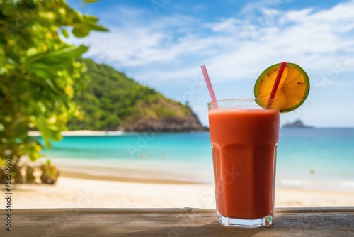 Glass of fresh fruit juice on a paradise beach. Spring, summer and healthy life concept.