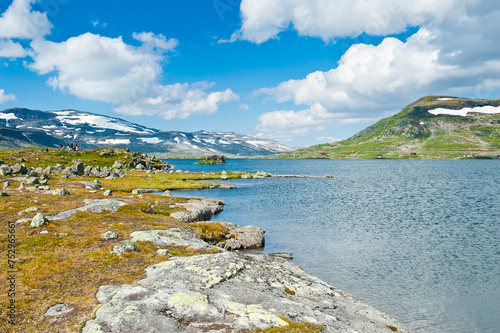 Beautiful landscape with Lake Finsevatnet and snowy mountains in Finse, Norway