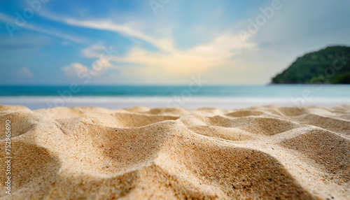 Close up sand with blurred sea sky background  summer day  copy space or for product. Summer