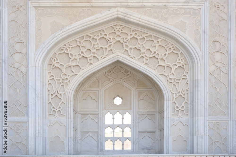 Ornamented arched vault on white marble, latticed window, view from below, close-up in India, Agra
