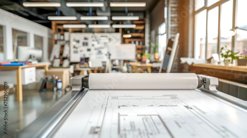 Modern architect's workspace with blueprint on table