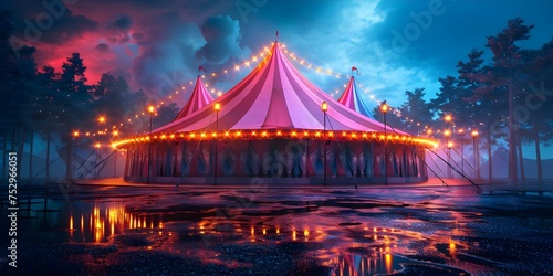 Enchanting Scene: Vibrant D circus tent aglow with colorful lights. Concept Circus Theme, Colorful Lights, Enchanted Atmosphere, Vibrant Decor, Night Photography