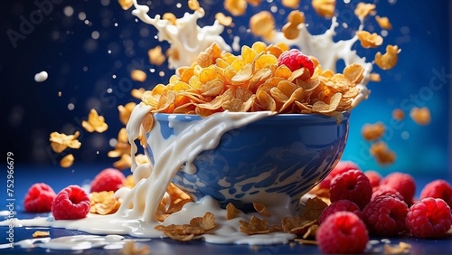 Healthy eating  food and diet concept - corn flakes with berries  raspberries and blueberries  milk splashes on a blue background.