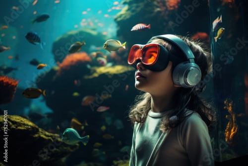 Portrait of a beautiful girl wearing glasses and headphones, listening to an audio tour in an aquarium. © Berezhna_Iuliia