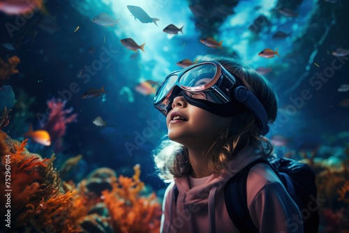 Cute little girl wearing a mask looks at the corals and the underwater world in an aquarium underwater. © Berezhna_Iuliia